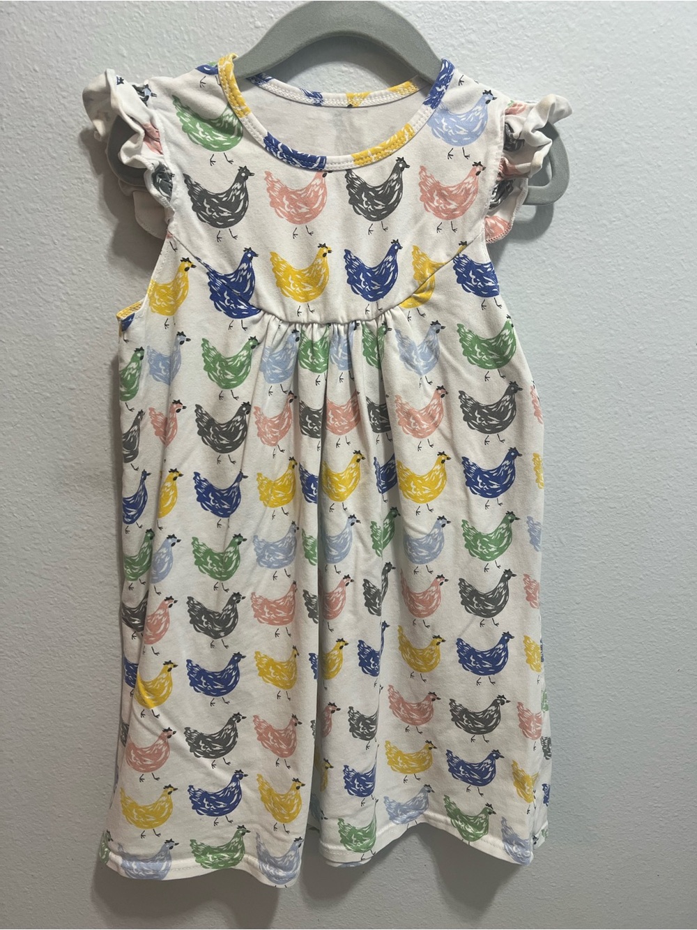 Girls White Chicken-Print Flutter Sleeve Dress - Multi Color 5T